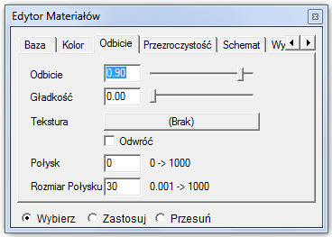 RGB: HSV: Ton koloru w systemie czerwony-zielony-niebieski. Szeroki zakres barw pochodnych pozwala przypisać materiałowi, który nie posiada tekstury dowolny kolor.