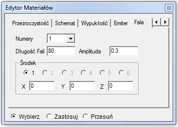 1. Otwórz Edytor materiałów 2. Przejdź do zakładki Fala i ustaw następujące parametry: Numery: Ustala ilość źródeł fali.