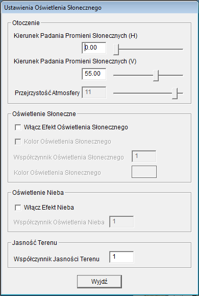 7. Określ kąt padania promieni słonecznych za pomocą przycisku Wskaż. 8. Po ustawieniu parametrów kliknij Zamknij Wskazówki: a. Aktywuj Włącz efekt oświetlenia słonecznego.