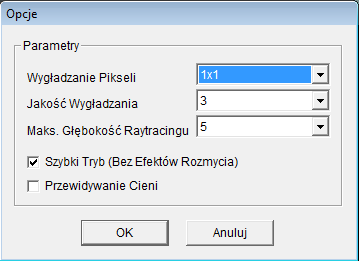 Jeśli efekty są zadowalające zapisz końcowy rezultat Ustaw parametry Raytrace: a. Wygładzanie pikseli oznacza wygładzanie krawędzi, im wartość wyższa, tym krawędzie bardziej gładkie b.