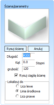 Długość: długość ściany Kąt: kąt pomiędzy ścianą a poziomą osią X grubość: grubość ściany Zaznacz jeśli chcesz rysować