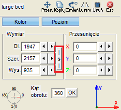 3.3.3.7 Modyfikacja rozmiaru. Metoda 1: Zaznacz obiekt i w ramce Wymiar wpisz długość, szerokość oraz wysokość lub zmień parametry za pomocą strzałek.