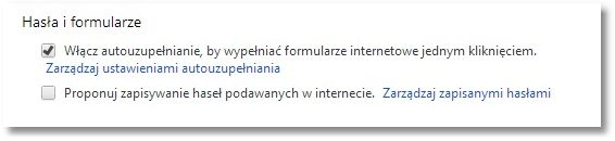 Rozdział 24 Konf iguracja przeglądarki Google Chrome 22.0.1229.96 w sekcji Hasła i formularze odznaczyć pole Proponuj zapisywanie haseł podawanych w internecie.