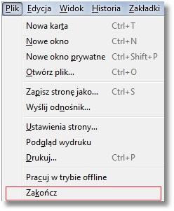 Rozdział 18 Konf iguracja przeglądarki Firef ox 32.0 Po zakończeniu pracy w trybie prywatnym (w menu Plik) należy wybrać opcję Zakończ.