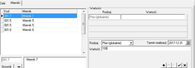 4. W sekcji Cele widoczne są cele wprowadzone dla danego zadania. Ustawiając się na danym celu, w sekcji Mierniki widoczna będzie lista mierników wybranego celu. 5.