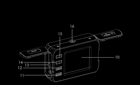 1.migawka 2.Głośnik 3.WŁ./WYŁ. 4.Port USB 5.Gniazdo karty micro SD 6.Soczewki 7.Wskaźnik ładowania 8.Wskaźnik świetlny zajętego urządzenia 9.Pokrywa 10.Ekran 11.Tryb 12.Menu 13.Port AV 14.