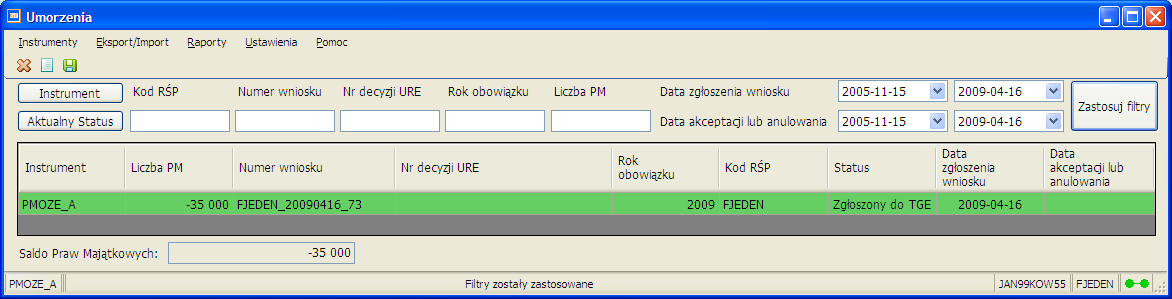 Otworzy się okno Umorzenia z umorzeniami w wybranym instrumencie (w tym przypadku PMOZE_A). Aby odświeżyd dane w oknie kliknij na Zastosuj filtry.