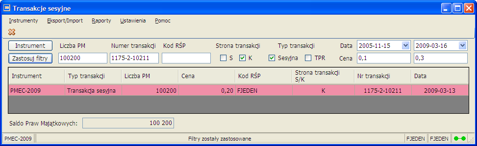 Otworzy się okno Transakcje sesyjne z transakcjami sesyjnymi (w tym TPR) w wybranym instrumencie (w tym przypadku PMEC-2009). Aby odświeżyd dane w oknie kliknij na Zastosuj filtry.