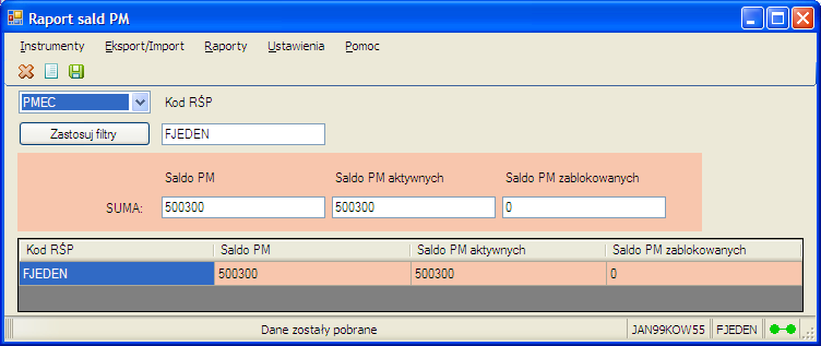 Chcąc zobaczyd salda PM w innych instrumentach, należy wybrad z listy rozwijanej instrument i kliknąd na Zastosuj filtry.