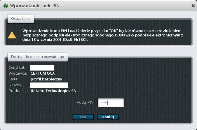 Ada - system wspomagający zarządzanie Imię i nazwisko właściciela certyfikatu Numer karty właściciela Rysunek 15 KlientJPK Wprowadzenie PIN Rysunek 16
