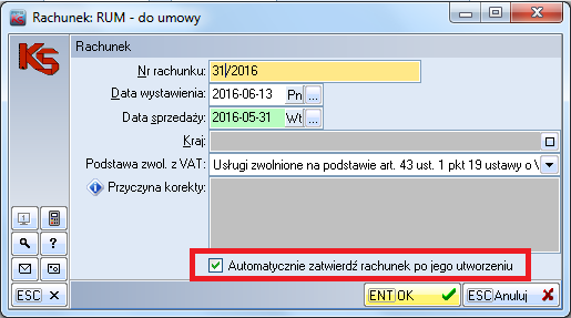 Aby każdorazowo nie dokonywać sprawdzenia realizacji umowy w celu zatwierdzenia rachunku, można zaznaczyć opcję automatycznego zatwierdzenia rachunku, zapamiętywaną dla zalogowanego operatora. Rys. 9.