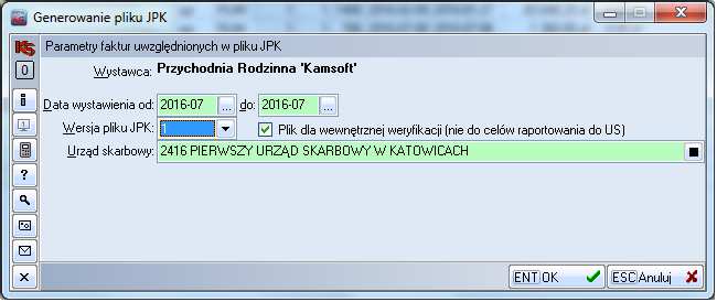W wyniku otrzymamy kartę Generowanie pliku JPK, która zawiera: nazwę wystawcy dokumentu dane pobierane z nazwy jednostki (Rozliczenia->Różne->Dane świadczeniodawcy), daty wystawienia dokumentu od do