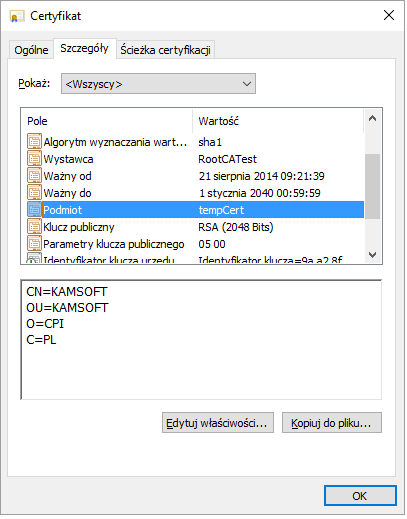 Rys. 10.1. Szczegóły przykładowego certyfikatu W następnym kroku należy zapewnić dystrybucję pliku KSPPS.exe.config na wszystkie końcówki.