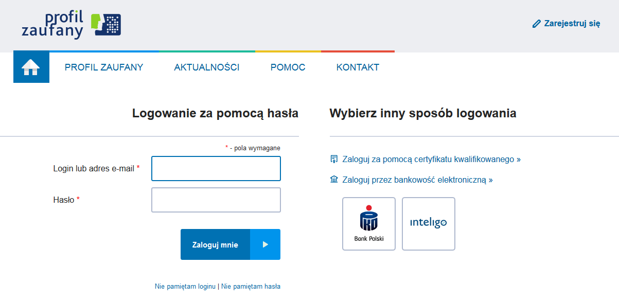 Krok 17: W rzeczywistości system przenosi nas na stronę Profilu Zaufanego (która teraz jest oddzielna od epuap). Otwiera się nowe okno przeglądarki, w którym należy się zalogować.