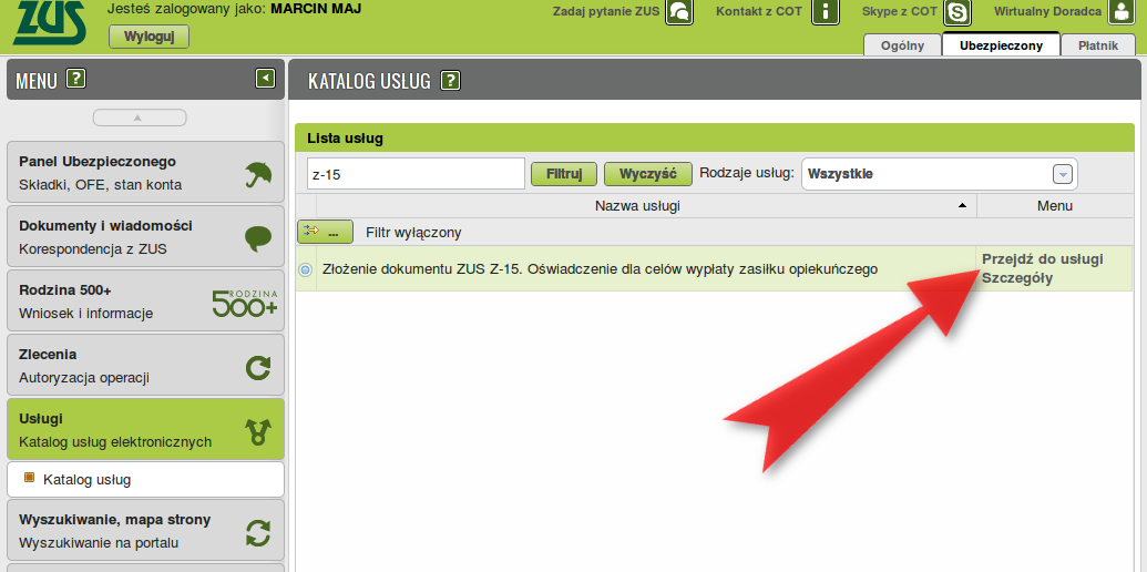 Krok 7: Po kliknięciu w zakładkę Usługi nadal nie widzimy usług. Musimy jeszcze kliknąć słowo Pokaż.