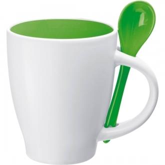 X. KUBEK CERAMICZNY O POJEMNOŚCI 250 ML 75 SZTUK a) w kolorze białym z zielonym wnętrzem z łyżeczką b) rozmiar: ø 8,5 x 12,5 cm (+/- 0,5 cm) c) logo urzędu i KFS oraz nazwa urzędu nadruk na zewnątrz