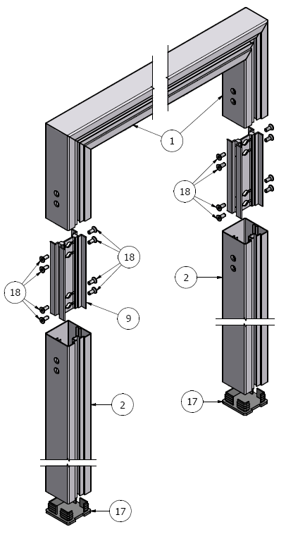 Montaż zawiasów górnych i dolnych a) Do narożników światła bramki (1) przy użyciu 10 sztuk śrub M8x16 (21), 6 sztuk nakrętek kwadratowych M8 (25) i listew