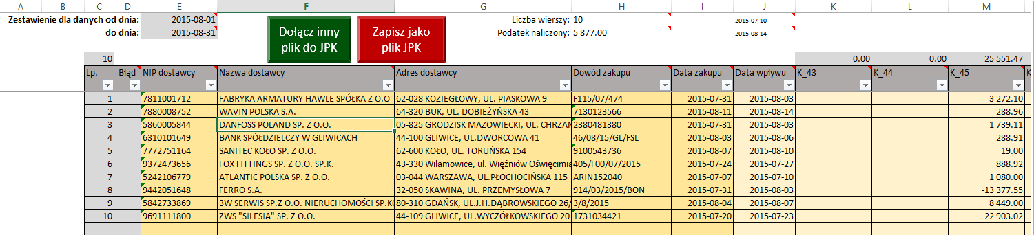 Dodatkowo dodałem dwie operacje pomocnicze, które mogą się czasem przydać: [Wyzeruj wszystkie pola JPK] resetuje zawartość skoroszytu (można ją potraktować jak "reset do ustawień fabrycznych")