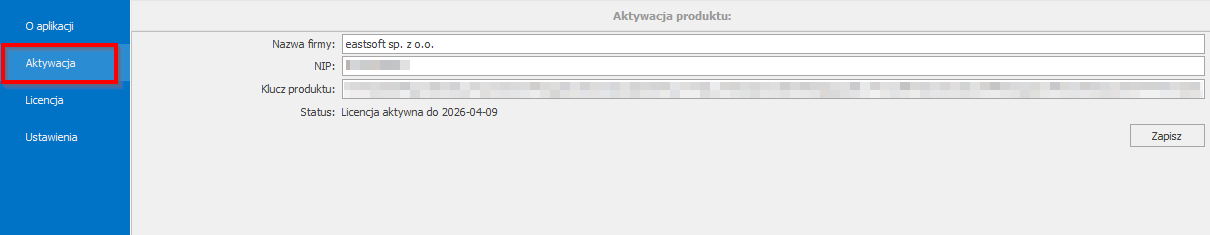 4.0 Ustawienia aplikacji Aby przejść do ustawień aplikacji oraz wyświetlić informacje o aktualnej licencji i programie należy skorzystać z przycisku.