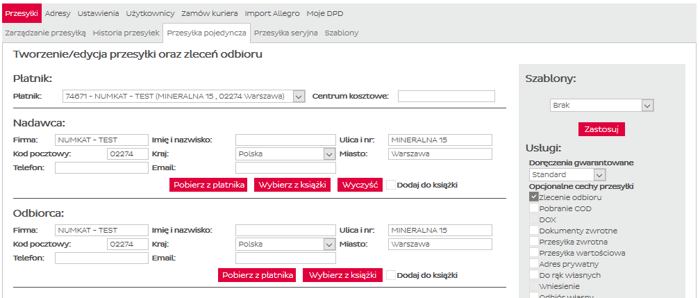 3. Przesyłki Kliknięcie na #Zapisz jako szablon spowoduje przeniesienie Użytkownika do nowego formularza. Określenie nazwy szablonu jest warunkiem zapisania nowego szablonu.