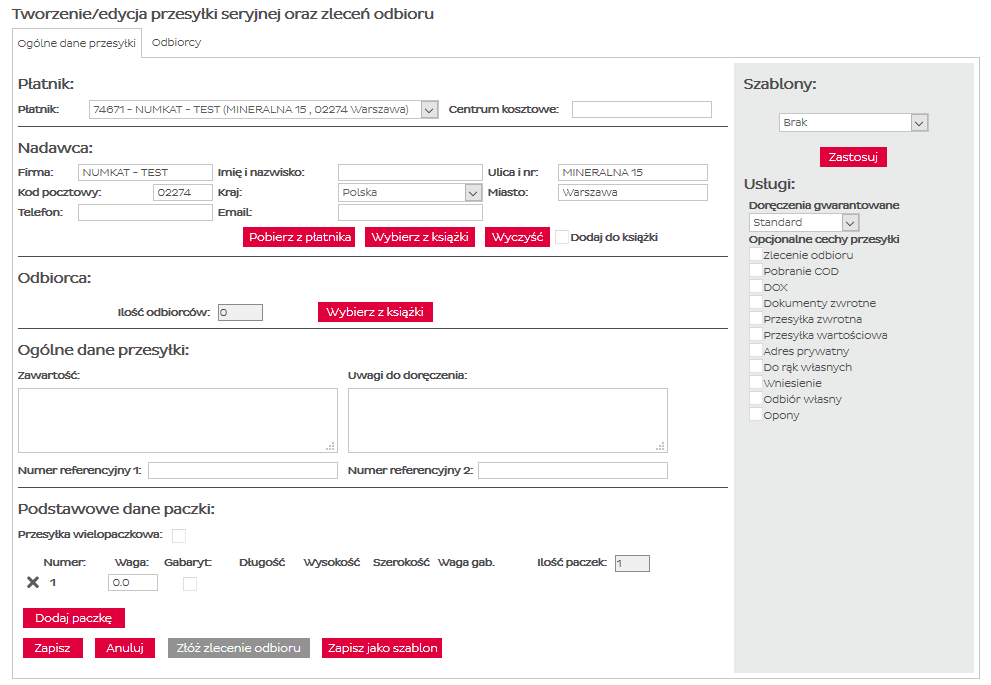 3. Przesyłki Tworzenie i edycja przesyłki seryjnej krajowej i zagranicznej Działanie tego formularza jest niemal analogiczne do opisywanego w rozdziale Tworzenie i edycja przesyłki pojedynczej, z tą