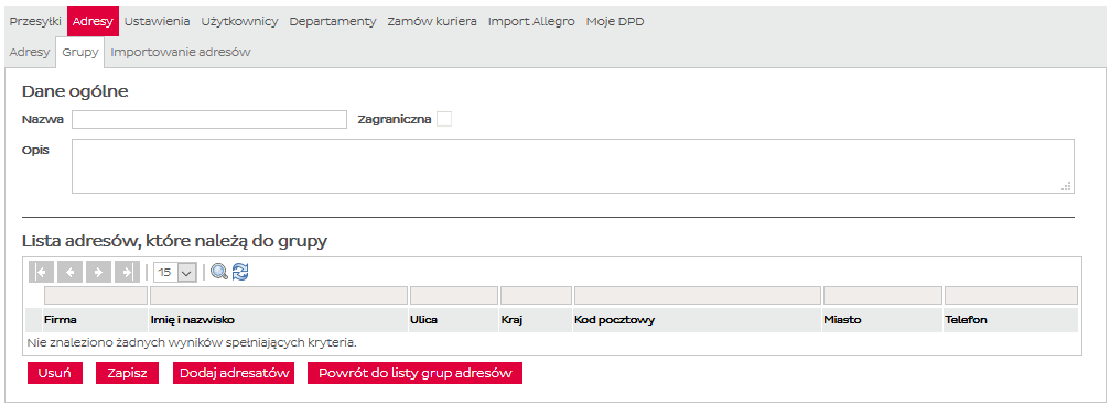 4. Adresy Aby wykluczyć dodany adres z grupy należy odznaczyć checkbox przy grupie, do której adres nie powinien należeć. Jeden adres może należeć do kilku grup odbiorców.