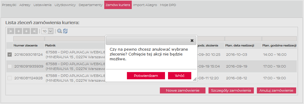 8. Zamów kuriera Aby złożyć stworzone zamówienie należy kliknąć na przycisk #Złóż zamówienie. Aplikacja zweryfikuje poprawność wprowadzonych danych i powróci do listy zleceń.