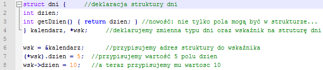 Wskaźniki a struktury Przy strukturach operator wyłuskania -> działa podobnie jak operator wyłuskania *, natomiast jest po prostu wygodniejszy i szybszy.