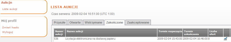 9. Wylogowanie z systemu W celu wylogowania się z Platformy naleŝy zamknąć Konsolę Oferenta za pomocą, a następnie kliknąć Wyloguj w Menu Platformy Aukcyjnej. Rysunek 14: Wylogowanie się z Platformy.