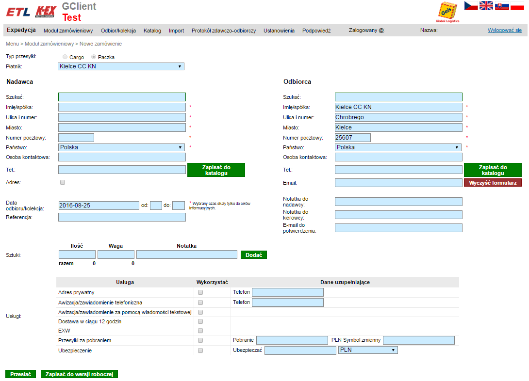 w tabeli. Klikając na przycisk Kopiuj/kopiować otworzy się formularz Nowa ekspedycja ze szczegółami przesyłki (dane z góry uzupełnione), którą kopiujemy. 1.3.