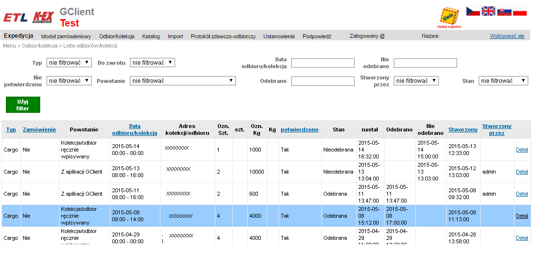 4. Odbiór/kolekcja 4.1. Nowa kolekcja Formularz służy do wprowadzenia nowego Zlecenia kolekcji przesyłek do bazy danych.