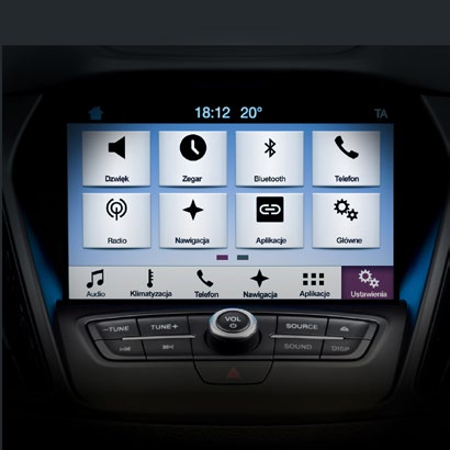 Systemy audio i nawigacji Radioodtwarzacz CD/MP3 z Ford SYNC 3 (ICFAJ) zawiera: kolorowy wyświetlacz dotykowy 8", zestaw głośnomówiący z Bluetooth i rozbudowaną funkcją sterowania głosem w języku