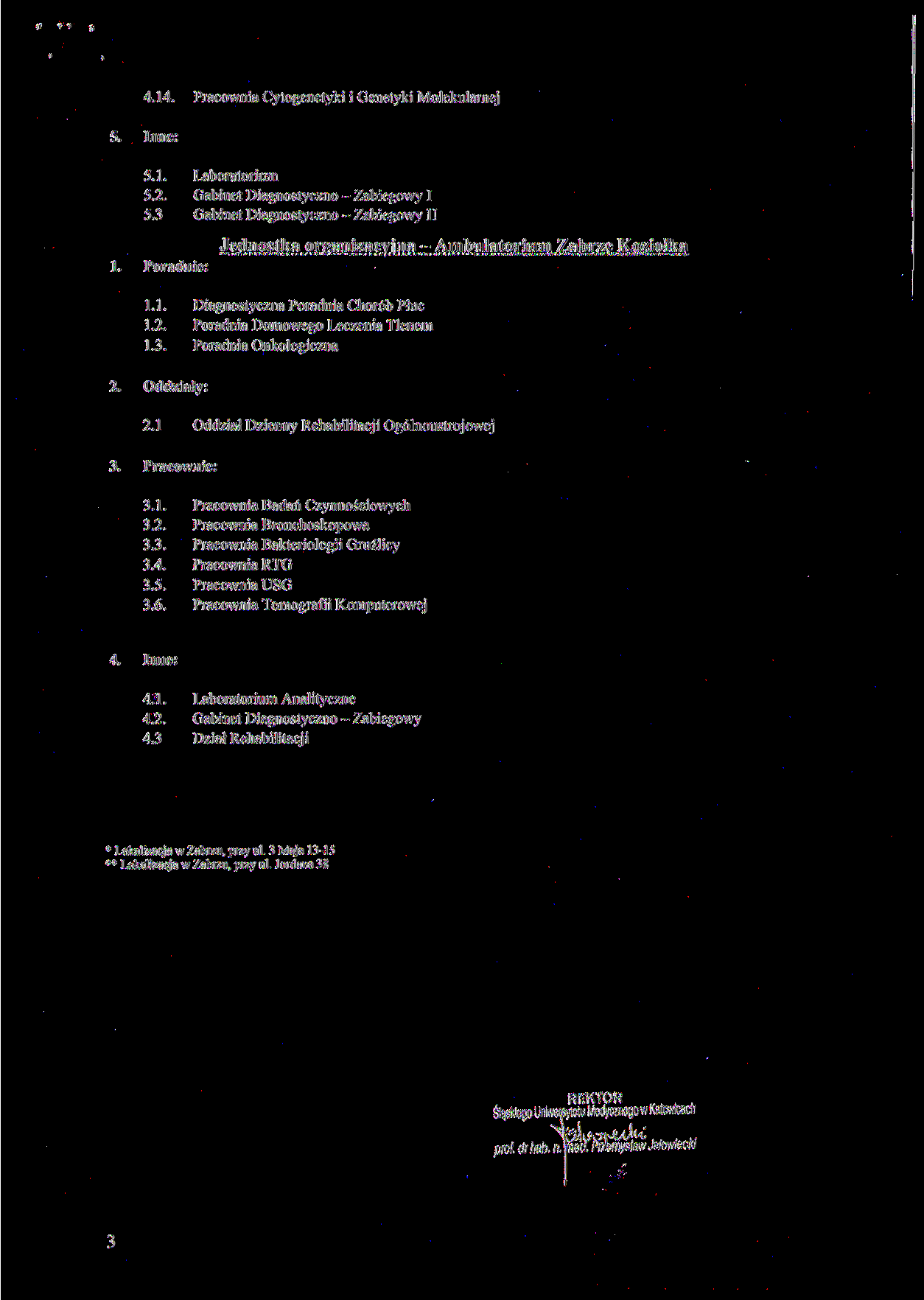 4.14. Pracownia Cytogenetyki i Genetyki Molekularnej 5. Inne: 5.1. Laboratorium 5.2. Gabinet Diagnostyczno - Zabiegowy I 5.3 Gabinet Diagnostyczno - Zabiegowy IT 1.