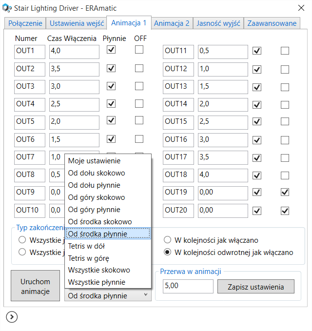 Parametr przerwa w animacji oznacza przerwę pomiędzy końcem animacji zapalania oświetlenia a typem zakończenia animacji. W celu zapisania zmian należy kliknąć przycisk Zapisz ustawienia.