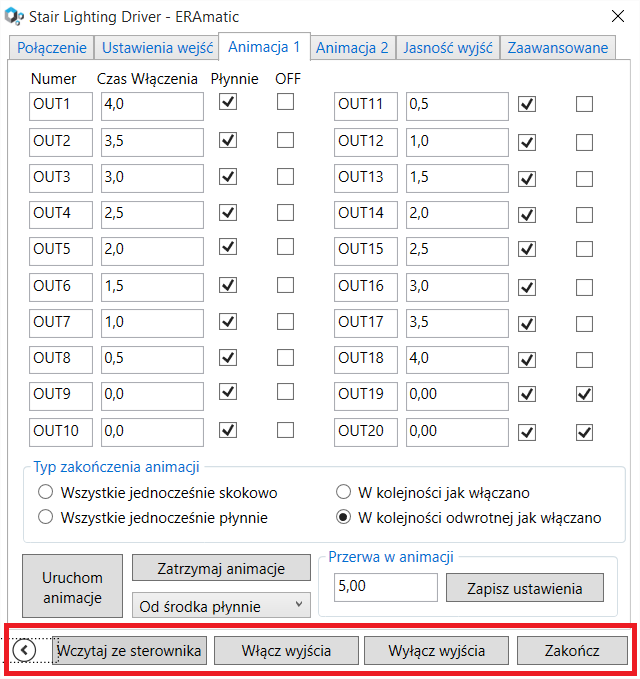 W dolnej części każdej z zakładek znajduje się rozsuwany pasek w którym umieszczone są przyciski służące do szybkiego sprawdzenia sterownika.