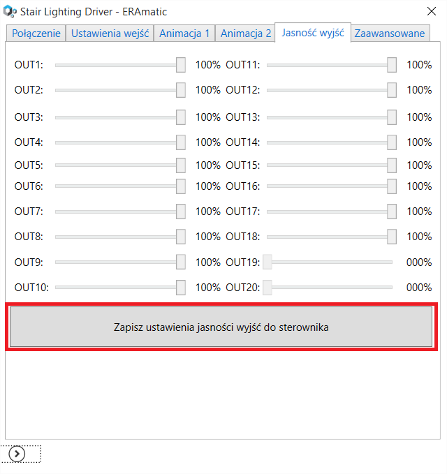 Sterownik pozwala na ustawienie maksymalnego natężenia światła dla każdego z wyjść. Ustawione natężenie używane jest dla pracy sterownika podczas realizacji animacji.