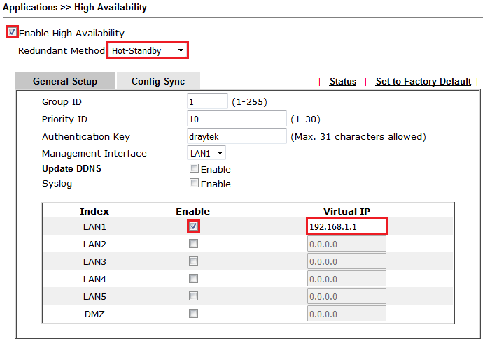 2. Router zapasowy 2.1. LAN Przejdź do zakładki LAN>>General Setup. Ustaw adres IP 192.168.1.2. 2.2. HA Przejdź do zakładki Applications >> High Availability.