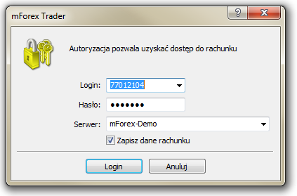 W celu zalogowania do systemu mforex Trader należy podać uprzednio otrzymane login i hasło oraz wybrać serwer o nazwie mforex-real, zatwierdzając przyciskiem Login.