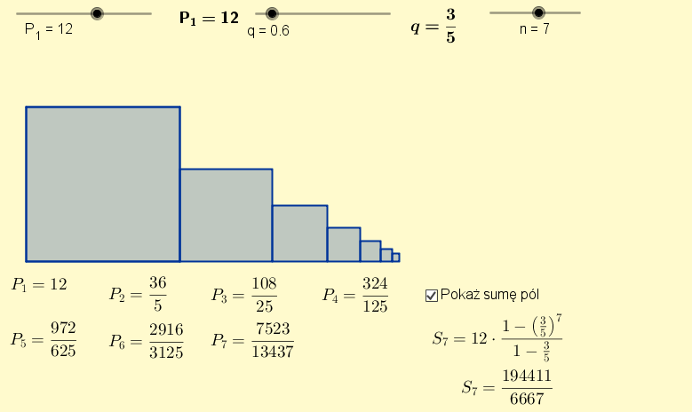 Dział: Ciągi Temat: Suma początkowych wyrazów ciągu geometrycznego. Opis zastosowania apletu: Aplet ilustrujący sumę pól n kwadratów tworzących ciąg geometryczny.