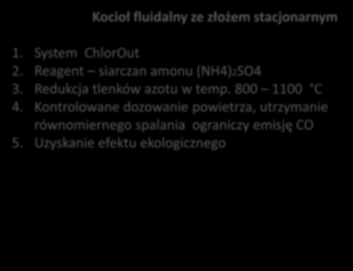 Odazotowanie spalin 1K1 BFB 110 Kocioł fluidalny ze złożem stacjonarnym 1. System ChlorOut 2. Reagent siarczan amonu (NH4)2SO4 3. Redukcja tlenków azotu w temp. 800 1100 C 4.