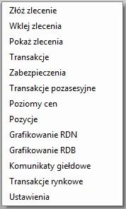 menu kontekstowe umożliwiające dostęp do historii zleceń i transakcji.
