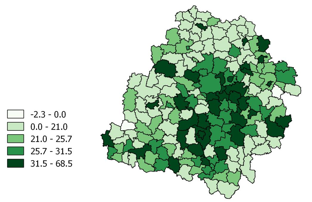 Mapa 10. Prognozowana zmiana liczby ludności w wieku 65-74 lata w gminach woj.