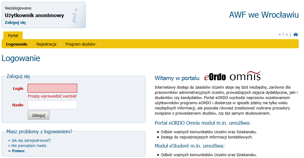 Logowanie Na stronie https://omnis.awf.wroc.pl należy wybrać żakładkę Logowanie.