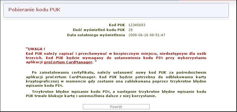 W następnym kroku, zapisz wyświetlony na ekranie kod PUK.