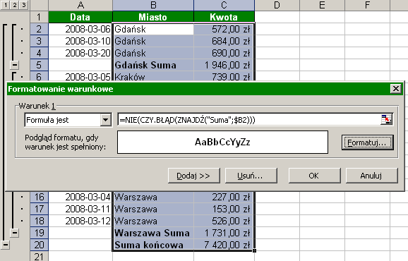 3. Z rozwijanej listy po lewej stronie wybierz pozycję Formuła jest (w Excelu 2007: w wyświetlonym oknie zaznacz opcję UŜyj formuły do określenia komórek, które naleŝy sformatować). 4.
