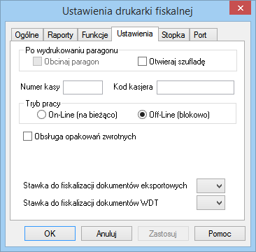 Na zakładce tej znajdują się przyciski, udostępniające inne funkcje drukarki: Otwarcie szuflady - Kliknięcie tego przycisku otwiera szufladę kasy. Dla drukarek Orhmet funkcja ta jest niedostępna.