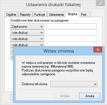 5.4.2.3.5 Zakładki Nagłówek i Stopka Zakładki te zawierają dodatkowe linie tekstu drukowane na początku (Nagłówek) lub na końcu (Stopka) paragonu.