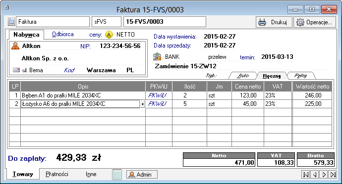6.5.3 Strona danych o towarach Rys. 69 Strona danych o towarach dokumentu sprzedaży. Strona ta pojawia się po kliknięciu zakładki Towary w oknie wystawiania dokumentu.