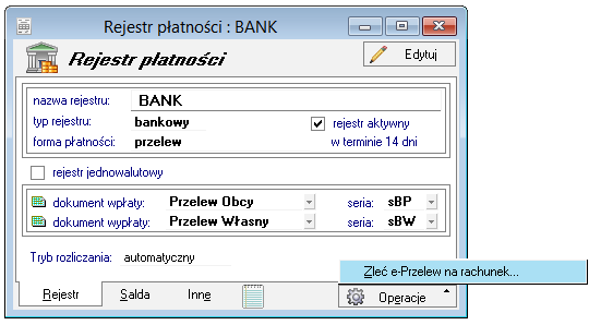 Wartość pola Stan płatności można zmieniać tylko do chwili zarejestrowania pierwszej płatności dla danej waluty. W momencie tworzenia nowego rejestru można od razu przypisać mu stan początkowy.