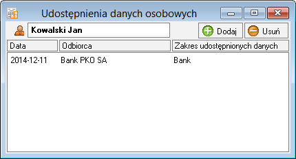 Rys. 18 Okno Udostępnienia danych osobowych. W prawym dolnym rogu, pod przyciskiem Zestawienia, znajduje się polecenie wydruku raportu o udostępnieniu danych osobowych.